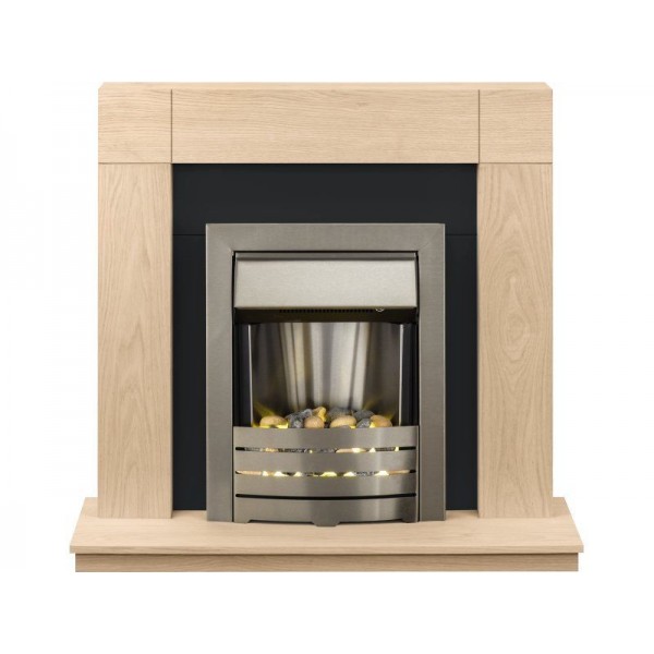 Adam Malmo Fireplace Suite in Oak with Helios Electric Fire in Brushed Steel, 39 Inch
