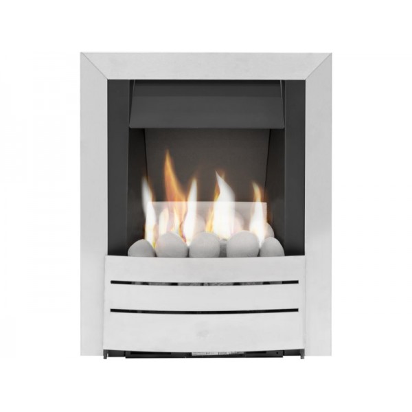 Adam Hera Slimline Gas Fire in Brushed Steel with Pebble Bed