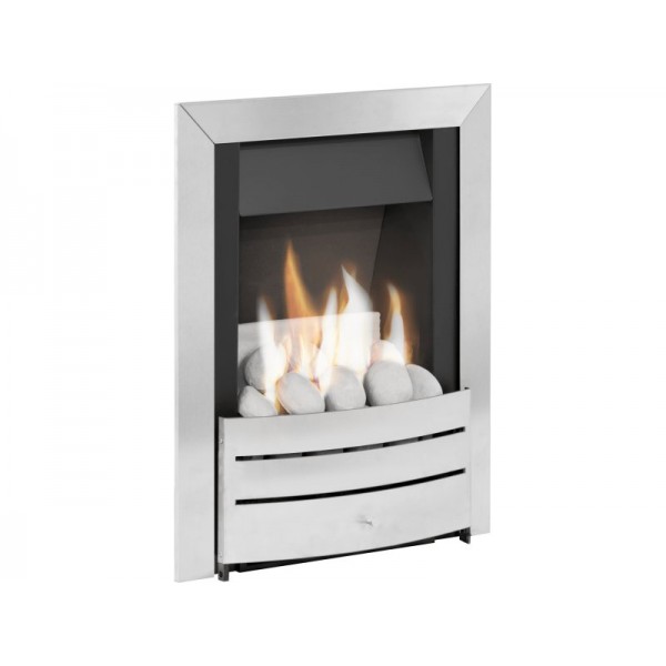 Adam Hera Slimline Gas Fire in Brushed Steel with Pebble Bed